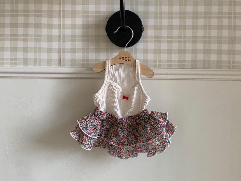 NKpup Tutu Tiered Skirt Dress with white halter top and floral pattern skirt