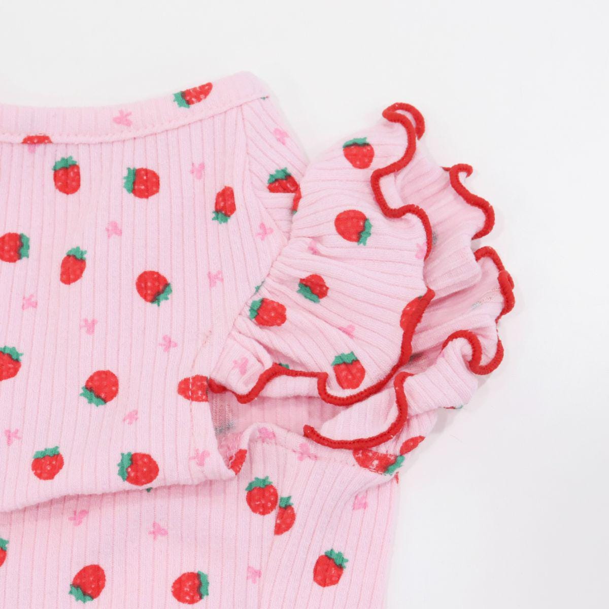 Pink strawberry patterned dog shirt with frill sleeves by NKpup