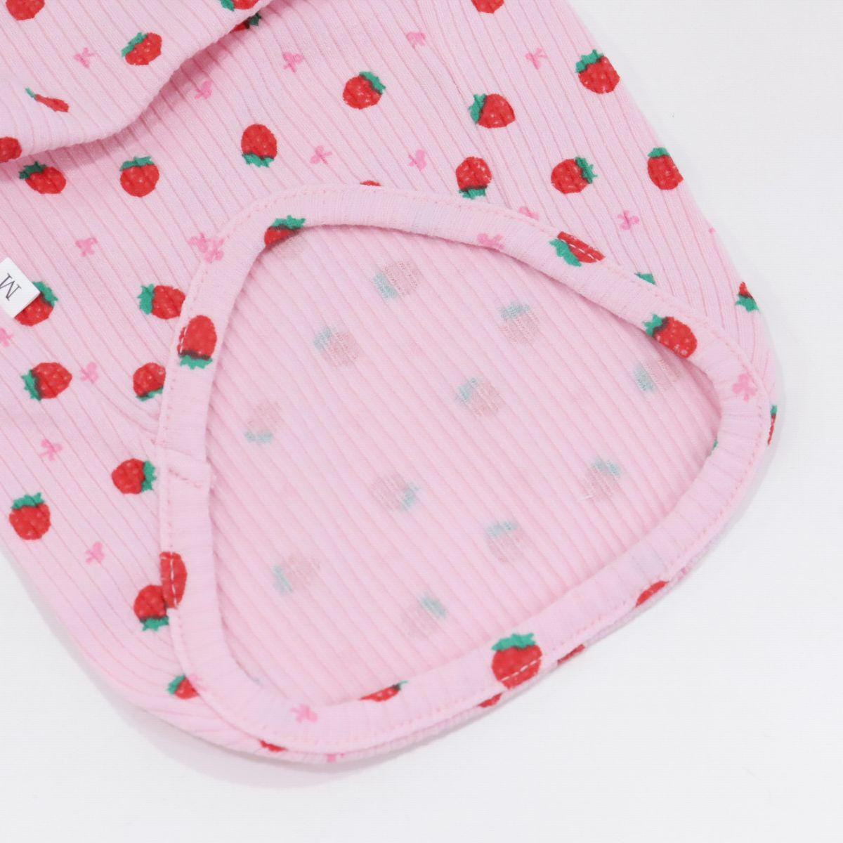 NKpup Strawberry Frill Top pink ribbed dog shirt with strawberry pattern