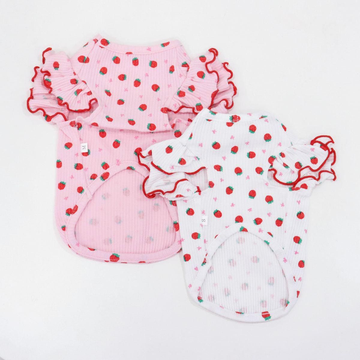 Strawberry Frill Top dog shirts in pink and white with red strawberry pattern and ruffled sleeves