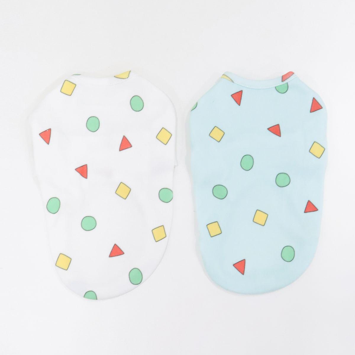 Geo Shapes T-shirts for dogs in white and light blue with colorful geometric patterns
