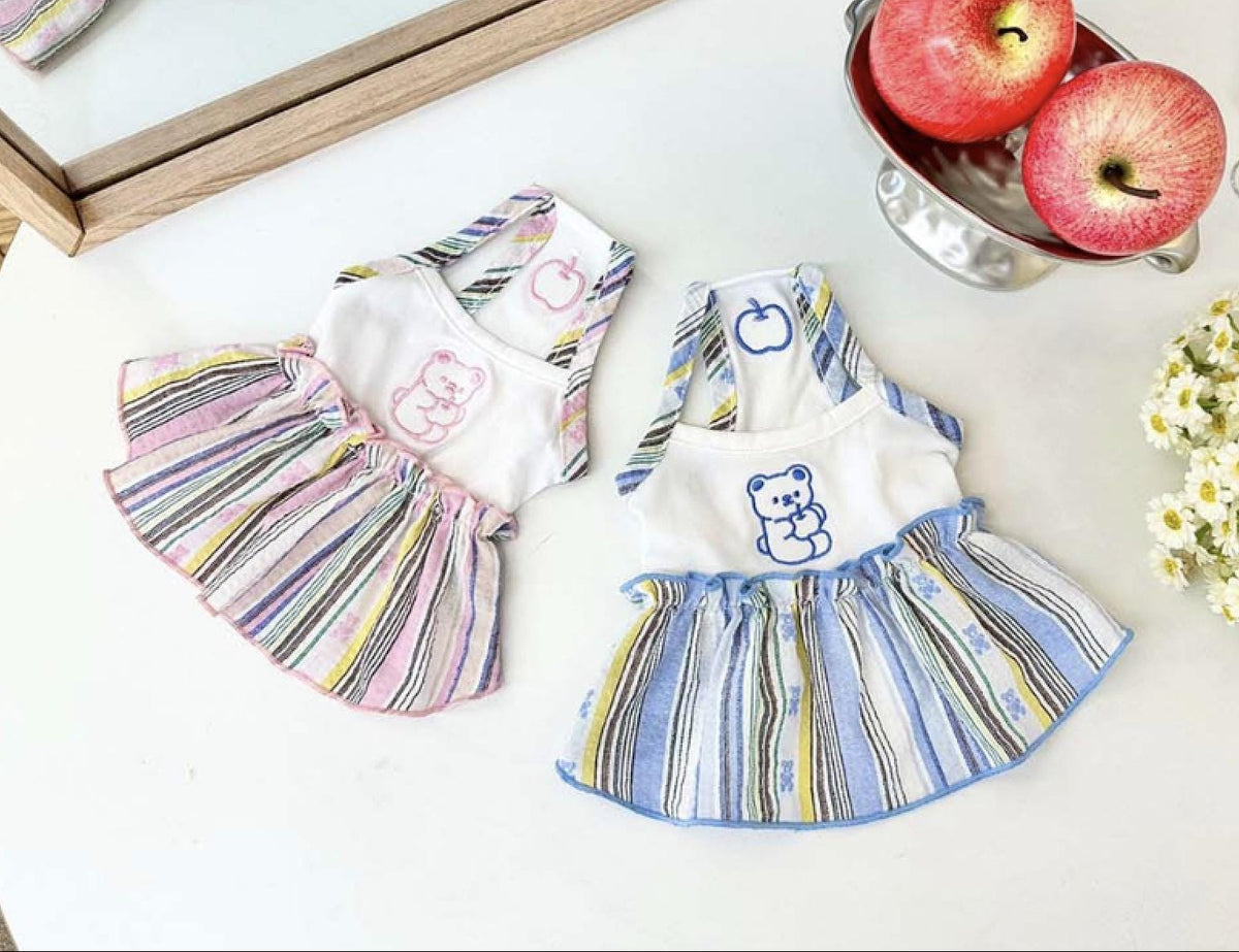NKpup striped bear dresses for pets in pink and blue colorways.