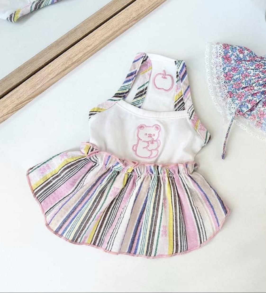 NKpup striped bear dog dress with pink bear graphic and ruffled skirt