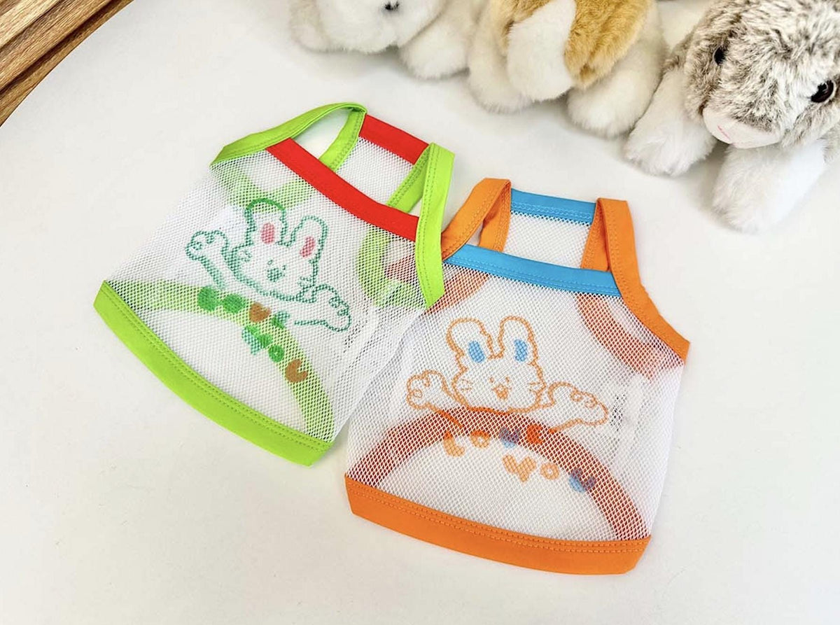 NKpup Bunny Mesh Tank Tops in lime green and orange with cute bunny graphics