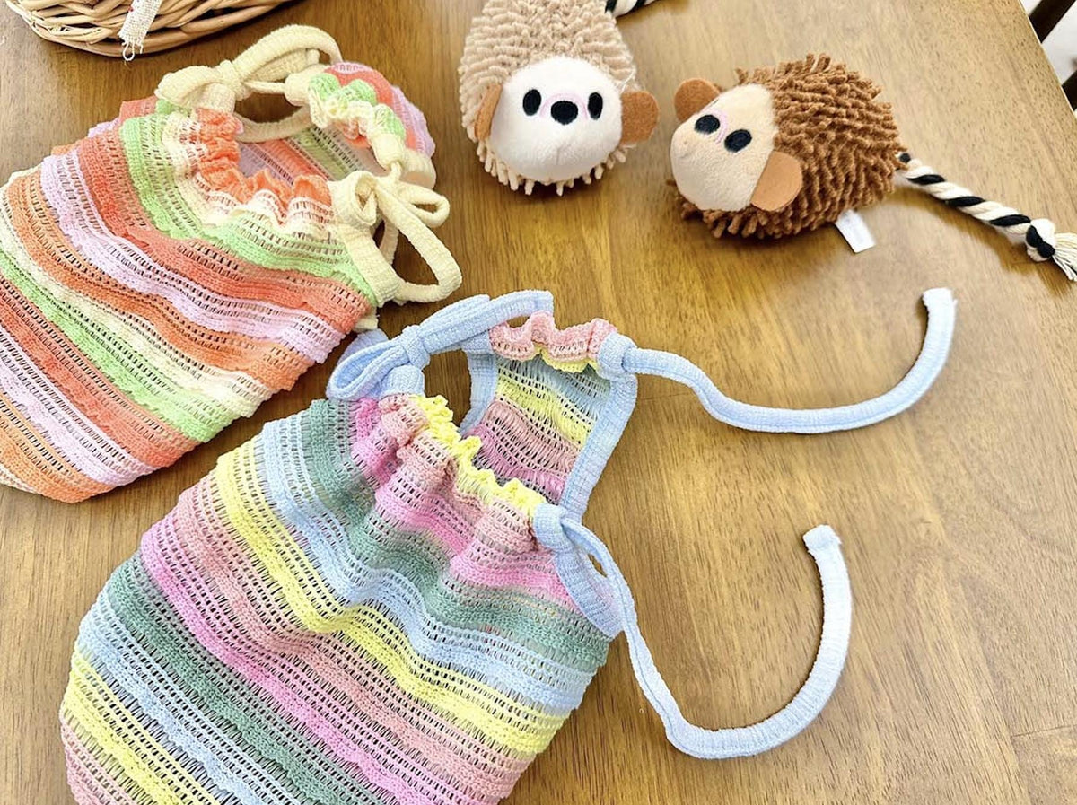 NKpup Pastel Rainbow Dog Cami Top in multi-colored striped crochet knit
