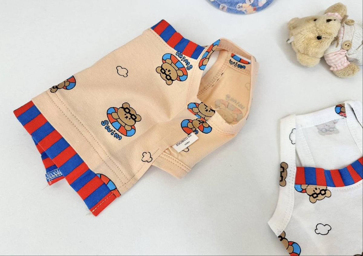 NKpup Teddy Float Top dog vest in beige with red and blue stripes and teddy bear prints