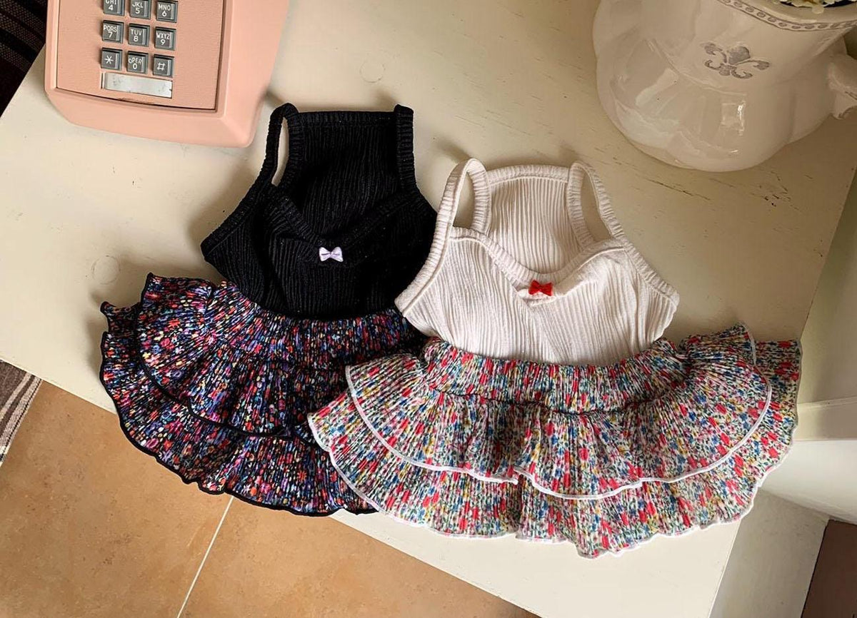 NKpup Tutu Tiered Skirt Dresses in black and white with multicolored floral tiered skirts
