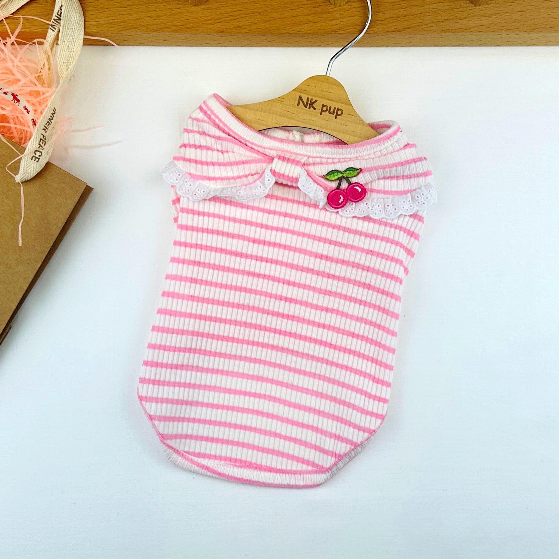 Cherry Lace Stripe Tee, S-3XL, Small Dog Clothes, Dog Summer Knit, Dog Fashion, Dog Top, Gift for Furry Friends, NKPUP - NKpup