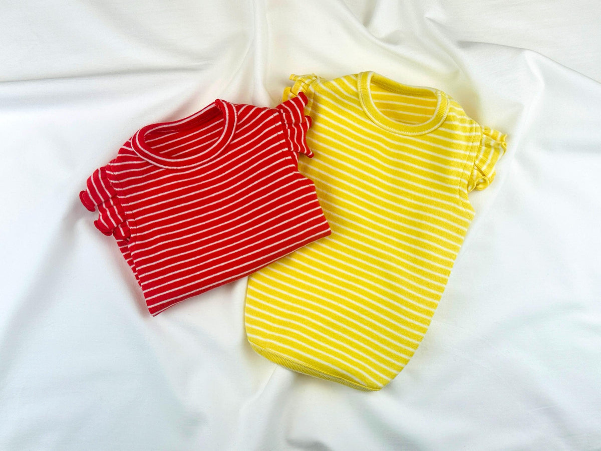 NKpup Sunny Stripe Ruffle Tee for dogs in red and yellow stripes