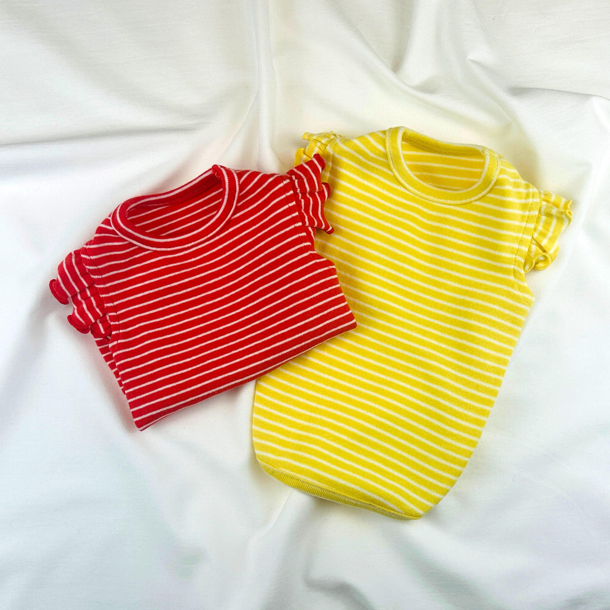 NKpup Sunny Stripe Ruffle Tee for dogs in red and yellow stripes