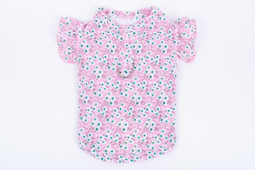 NKpup pink floral dog shirt with ruffle sleeves and a D-ring attachment