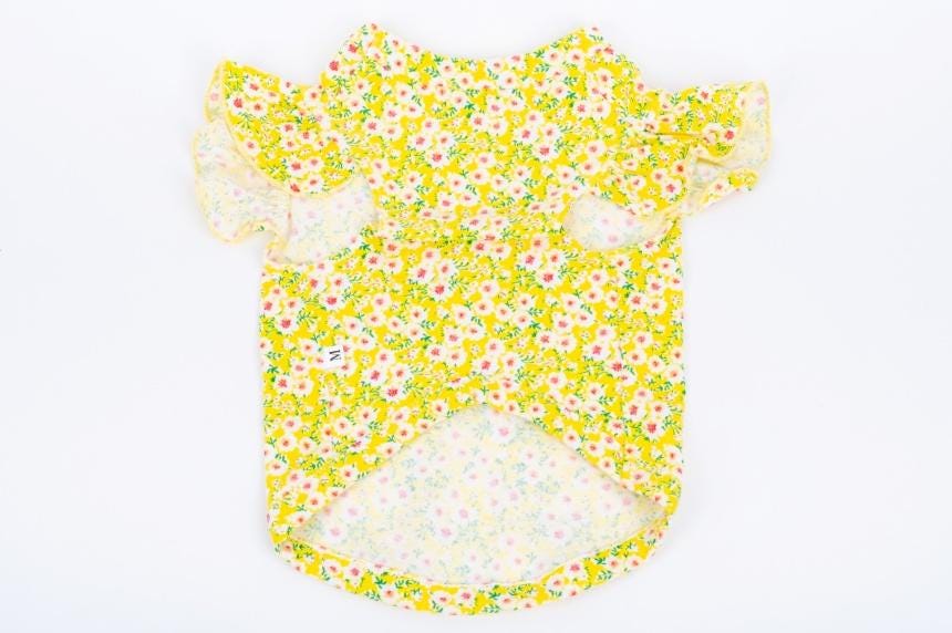 NKpup Floral D-Ring Dog Shirt in yellow with a white and pink flower pattern