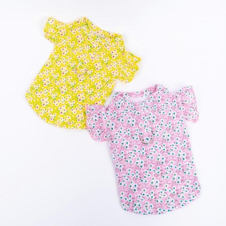 Yellow and pink Floral D-Ring Dog Shirts by NKpup with small flower patterns