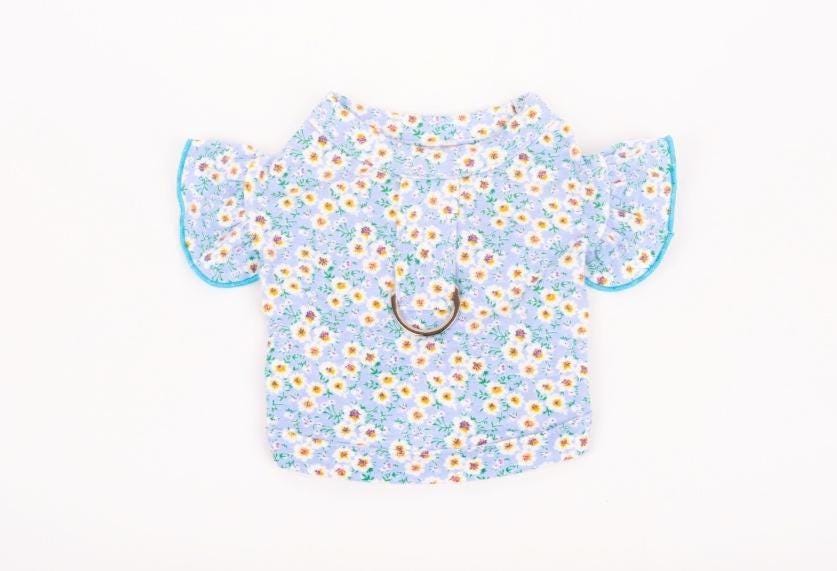 NKpup Floral D-Ring Dog Crop Shirt in light blue with white and yellow flower pattern