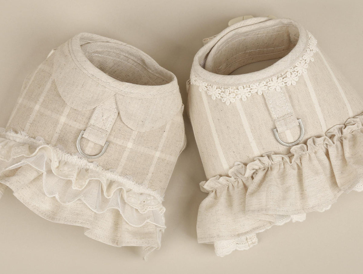 NKpup Chic Linen Ruffle Harness in beige plaid and striped patterns with delicate lace trim.