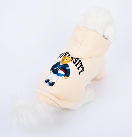 Cream University Bear dog hoodie with a graphic bear print