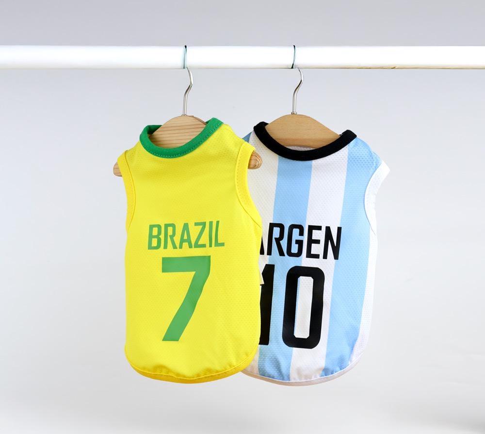 NKpup Soccer Jersey Cooling Tops for dogs in Brazil yellow and Argentina blue and white stripes.