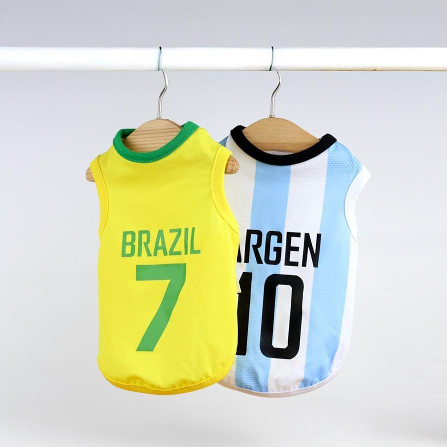NKpup Soccer Jersey Cooling Tops for dogs in Brazil yellow and Argentina blue and white stripes.