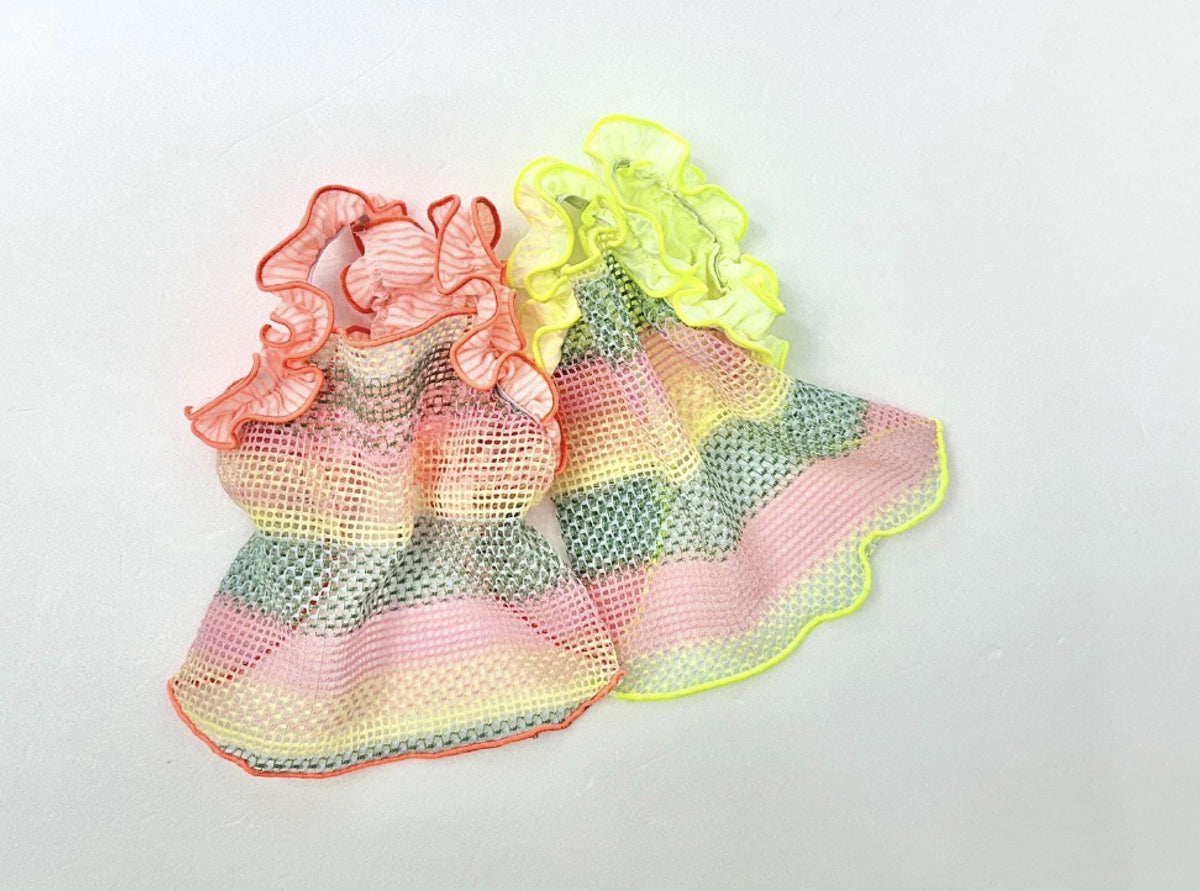 NKpup Rainbow Ruffle Mesh Dog Top in pink, yellow, and grey stripes