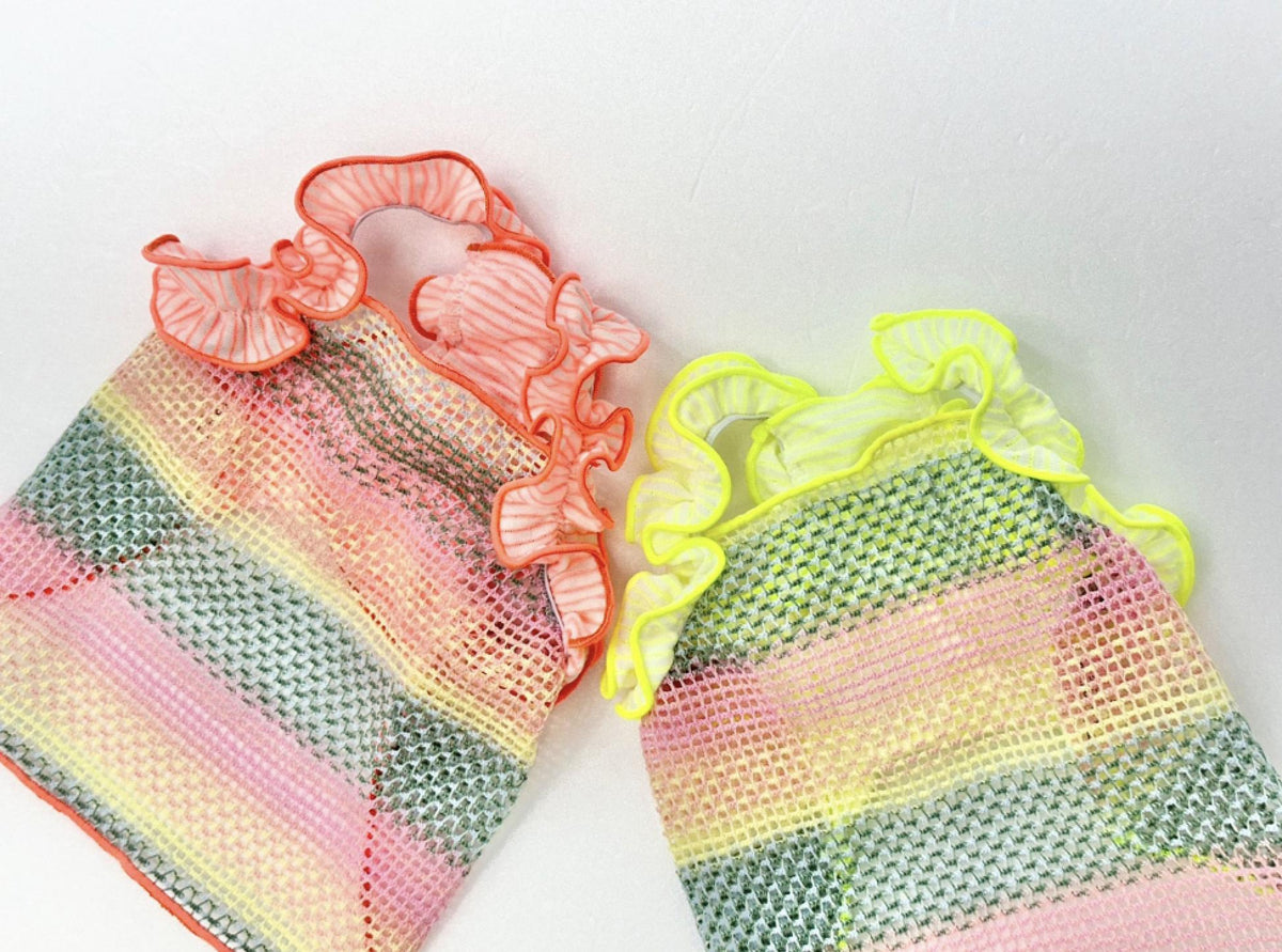 NKpup Rainbow Ruffle Mesh Top dog shirt in pink and yellow plaid patterns