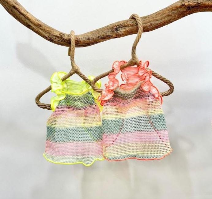 NKpup Rainbow Ruffle Mesh Top dog dresses in pastel striped patterns