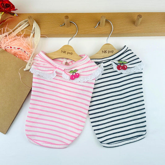 Cherry Lace Stripe Tee, S-3XL, Small Dog Clothes, Dog Summer Knit, Dog Fashion, Dog Top, Gift for Furry Friends, NKPUP - NKpup