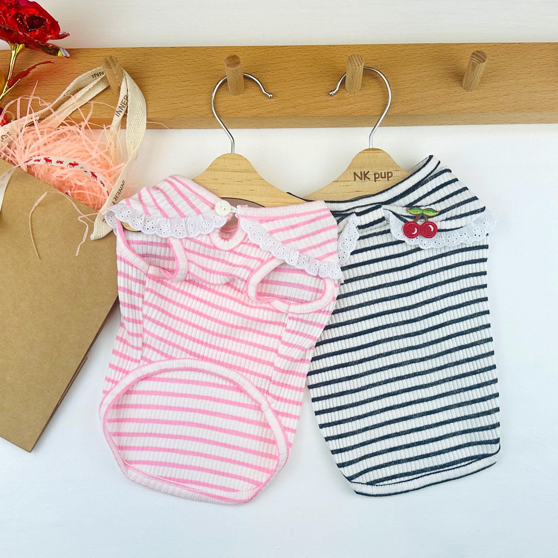Cherry Lace Stripe Tee, S-3XL, Small Dog Clothes, Dog Summer Knit, Dog Fashion, Dog Top, Gift for Furry Friends, NKPUP - NKpup