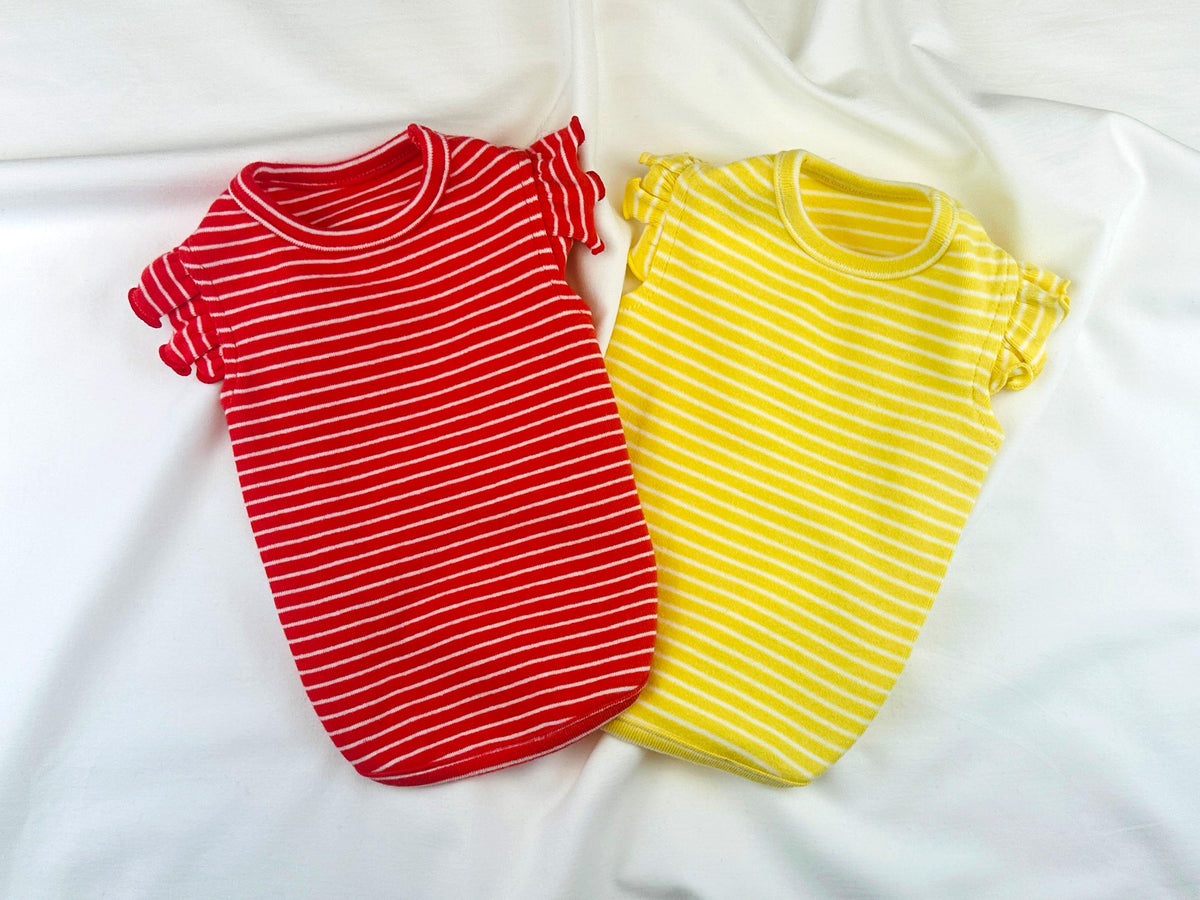 NKpup Sunny Stripe Ruffle Tee dog shirts in red and yellow horizontal stripes