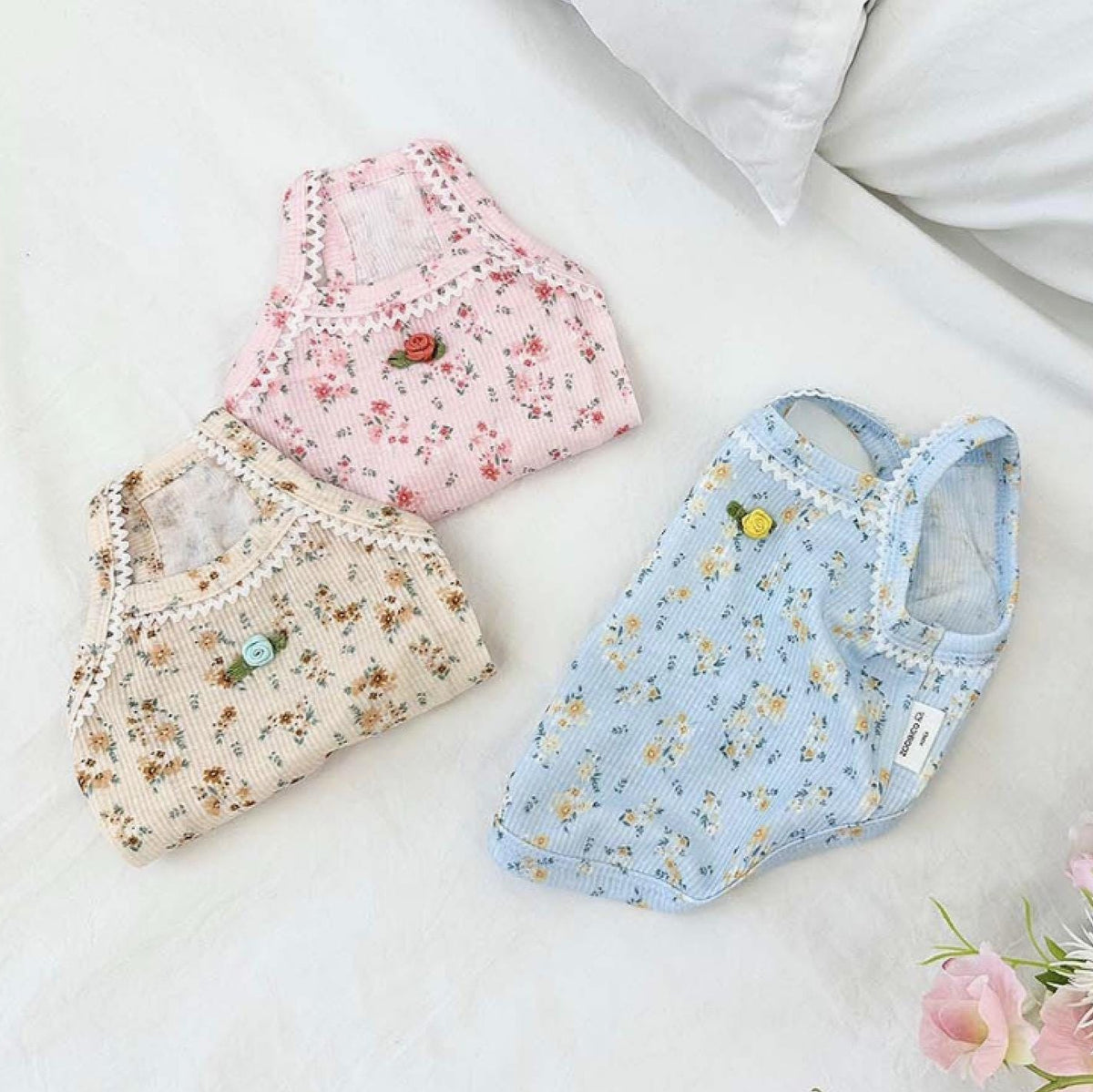 NKpup Vintage Rose Ribbed Top dog shirts in pink, beige, and blue with floral patterns and rose buttons