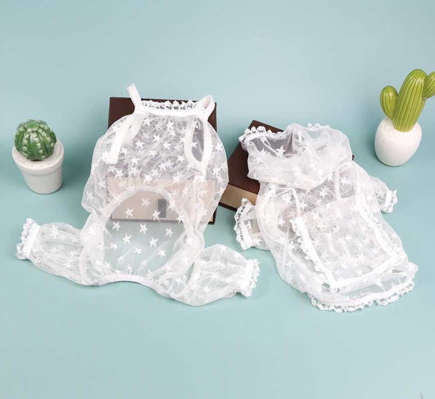 NKpup white star mesh dog overall and matching hoodie with lace trim