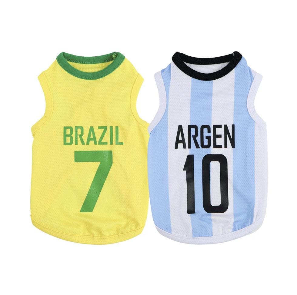 NKpup Soccer Jersey Cooling Top dog vests in Brazil yellow and Argentina blue and white stripes.