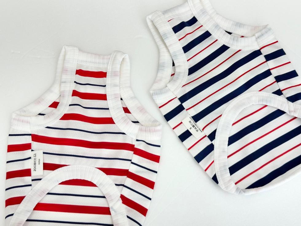 NKpup Be Happy cooling mesh sleeveless dog tops in red and navy blue striped patterns.