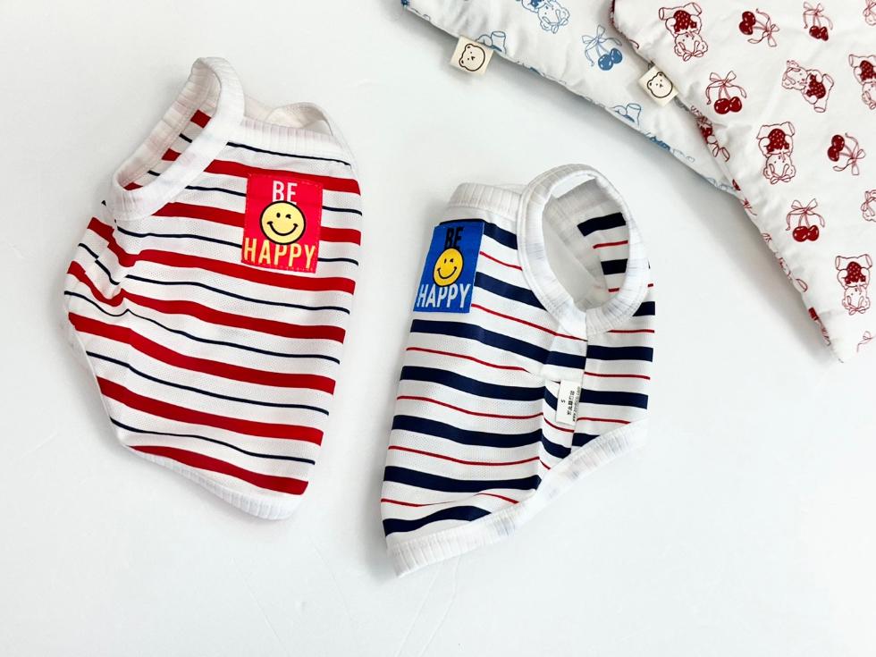 NKpup Be Happy cooling mesh sleeveless dog tops in red and navy blue striped patterns.