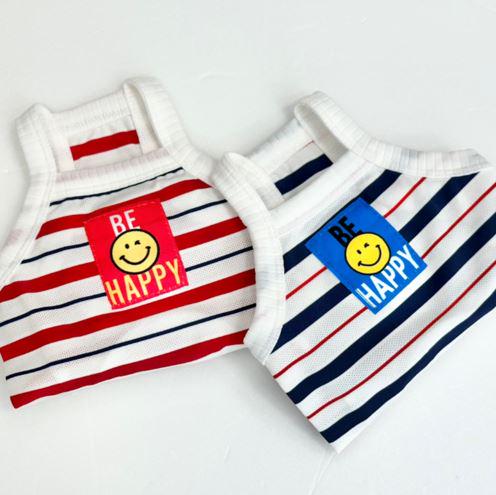 Two sleeveless pet mesh tops with horizontal stripes and a smiley face patch that says Be Happy.