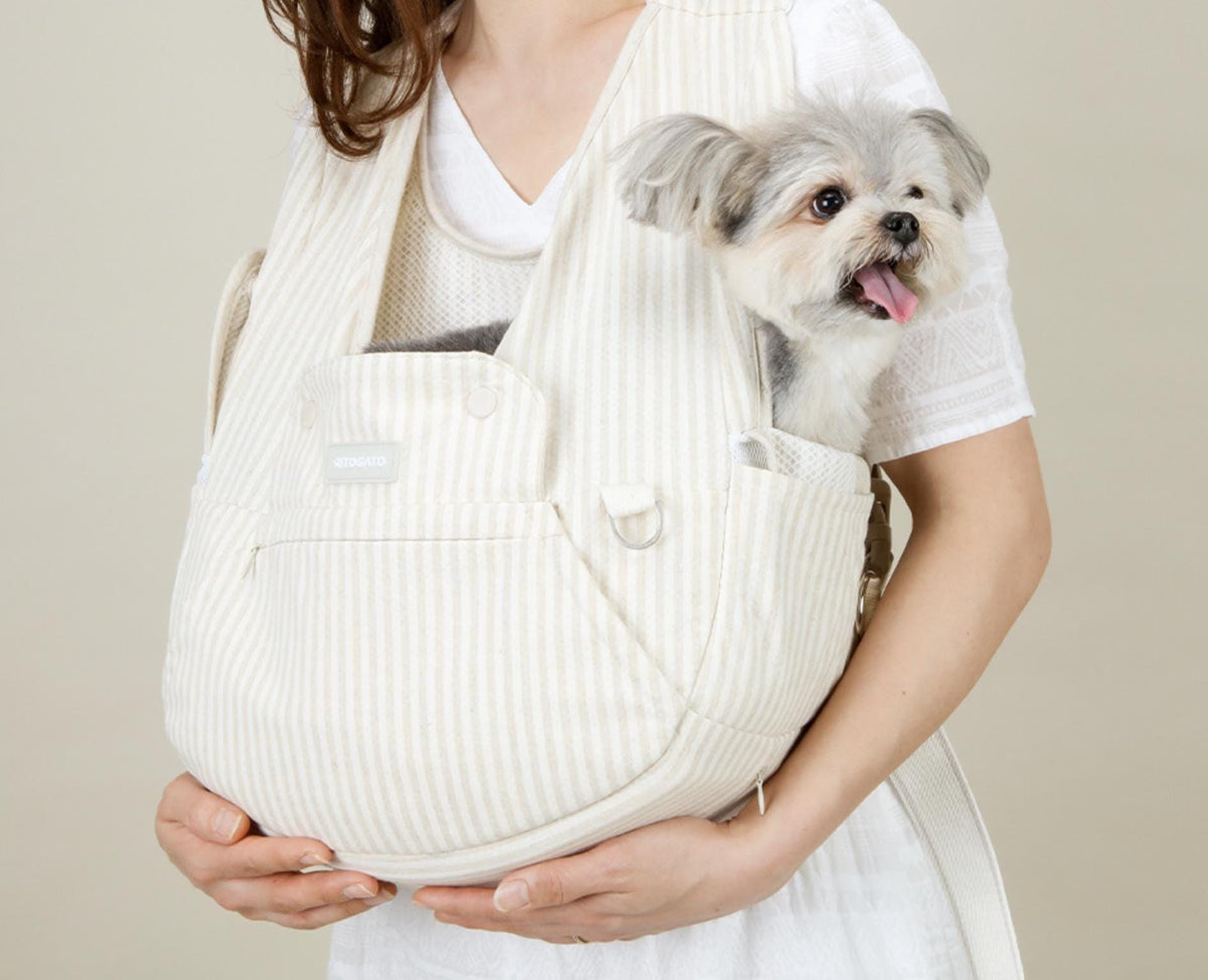 White striped pet front carrier being worn by a person