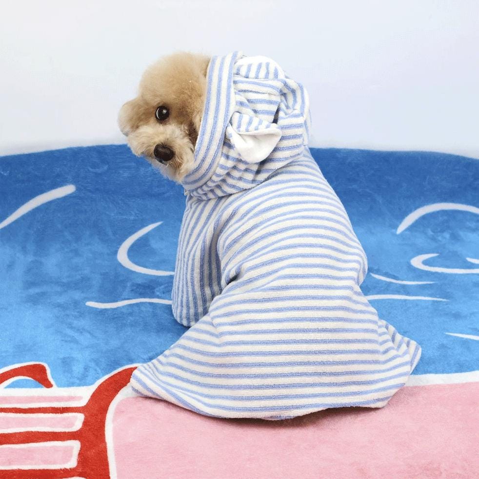 NKpup Teddy Terry dog robe in blue and white stripes with a cozy hood