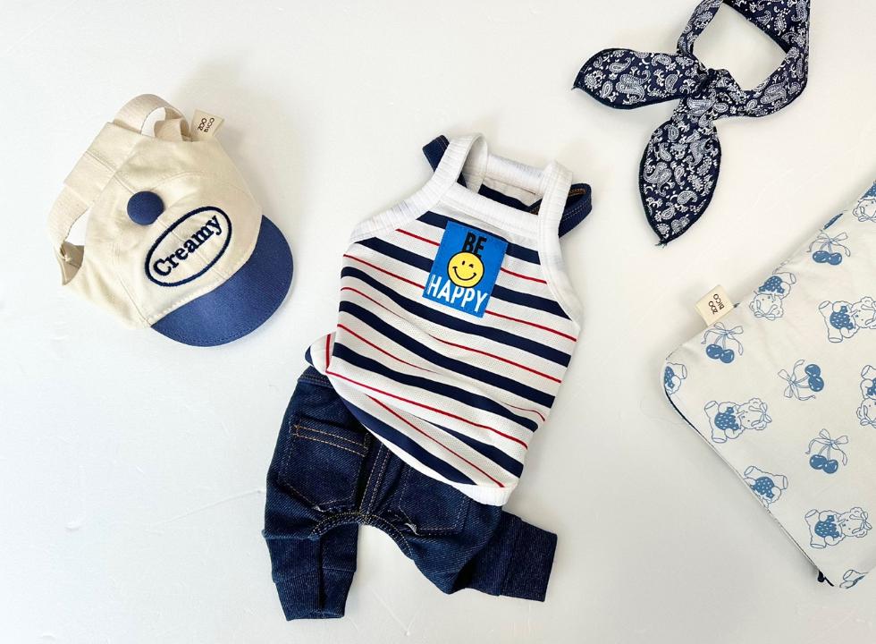 NKpup Be Happy cooling mesh sleeveless dog shirt with navy and white stripes and denim pants