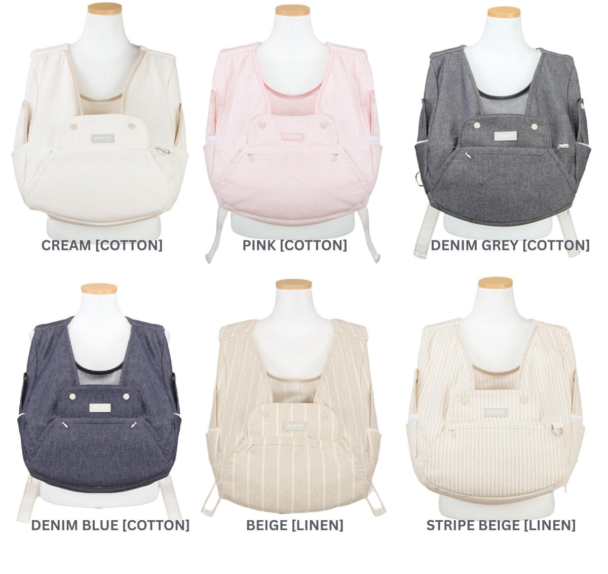 NKpup pet front carrier in cream, pink, denim grey, denim blue, beige, and stripe beige cotton and linen.