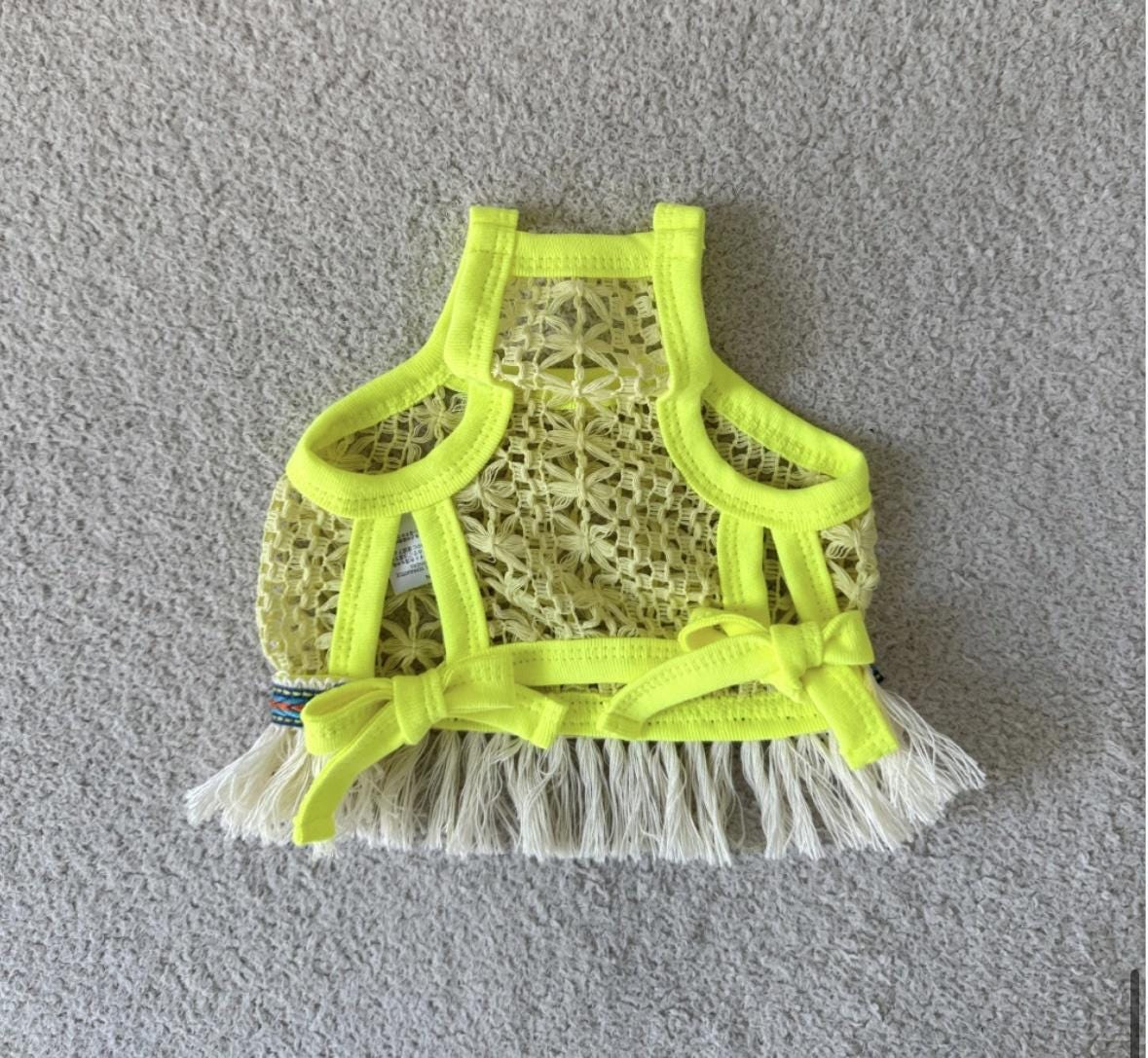 NKpup Daisy Crochet Dog Tank Top in yellow with fringe trim and bow details
