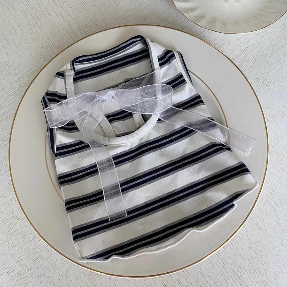 NKpup Ribbon Striped Sleeveless Top for dogs in navy and white stripes with a sheer white ribbon detail