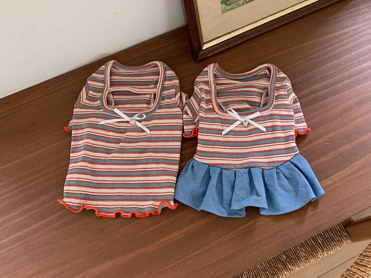 NKpup Sailor Stripe pet outfit featuring a striped top and a blue denim-style skirt dress.