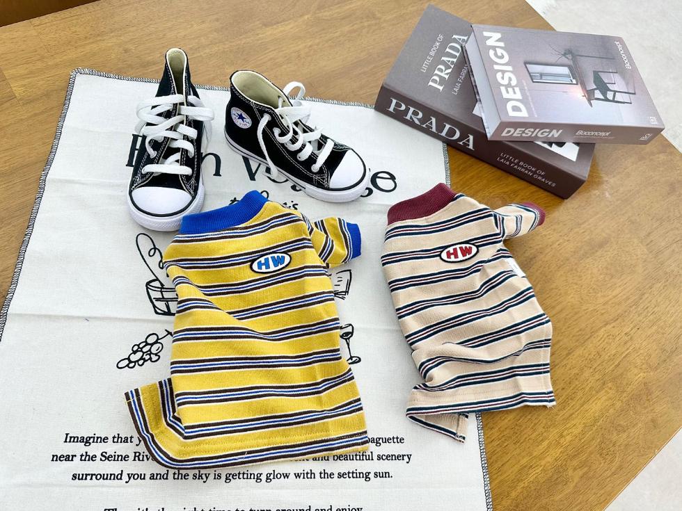 NKpup HW Stripe Dog Shirts in yellow and cream with navy blue striped patterns