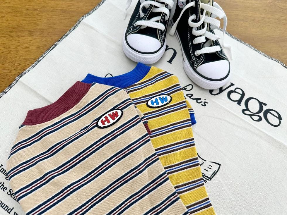 HW Stripe Dog Shirt in beige with burgundy trim and yellow with blue trim