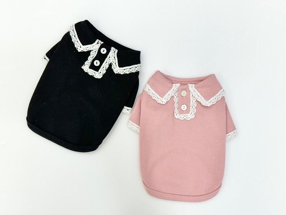 NKpup Lace Collar Tee dog shirts in black and pink with white lace trim.