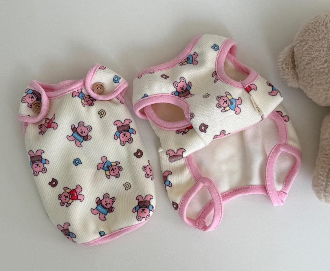 Berry Bear pink and white patterned dog overall and vest set by NKpup