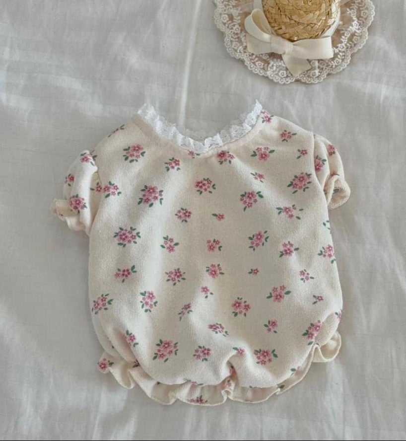 NKpup Melody Floral Dog Shirt in cream with pink floral pattern and white lace trim