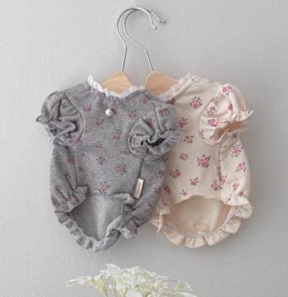 NKpup Melody Floral Dog Shirts in grey and cream with ruffle sleeves and floral patterns