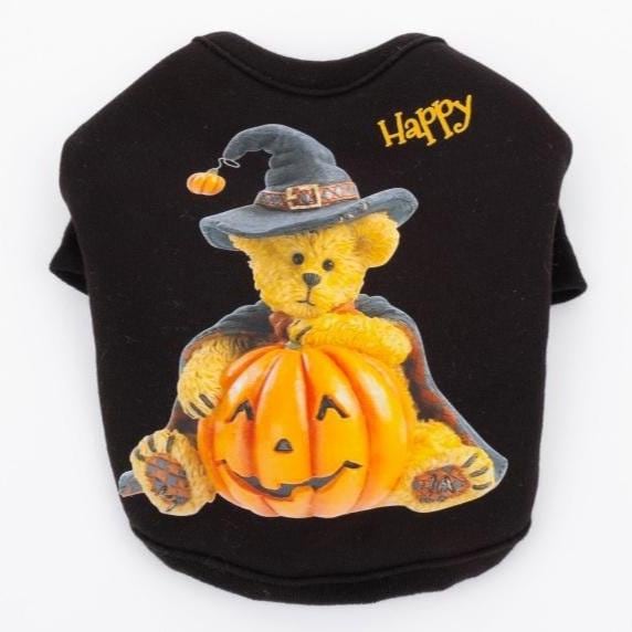 Black Halloween bear dog shirt featuring a teddy bear in a witch hat with a pumpkin.