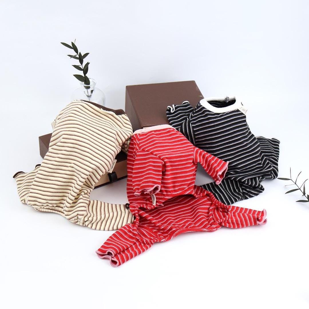 NKpup Everyday Striped Dog Overalls in beige, red, and black
