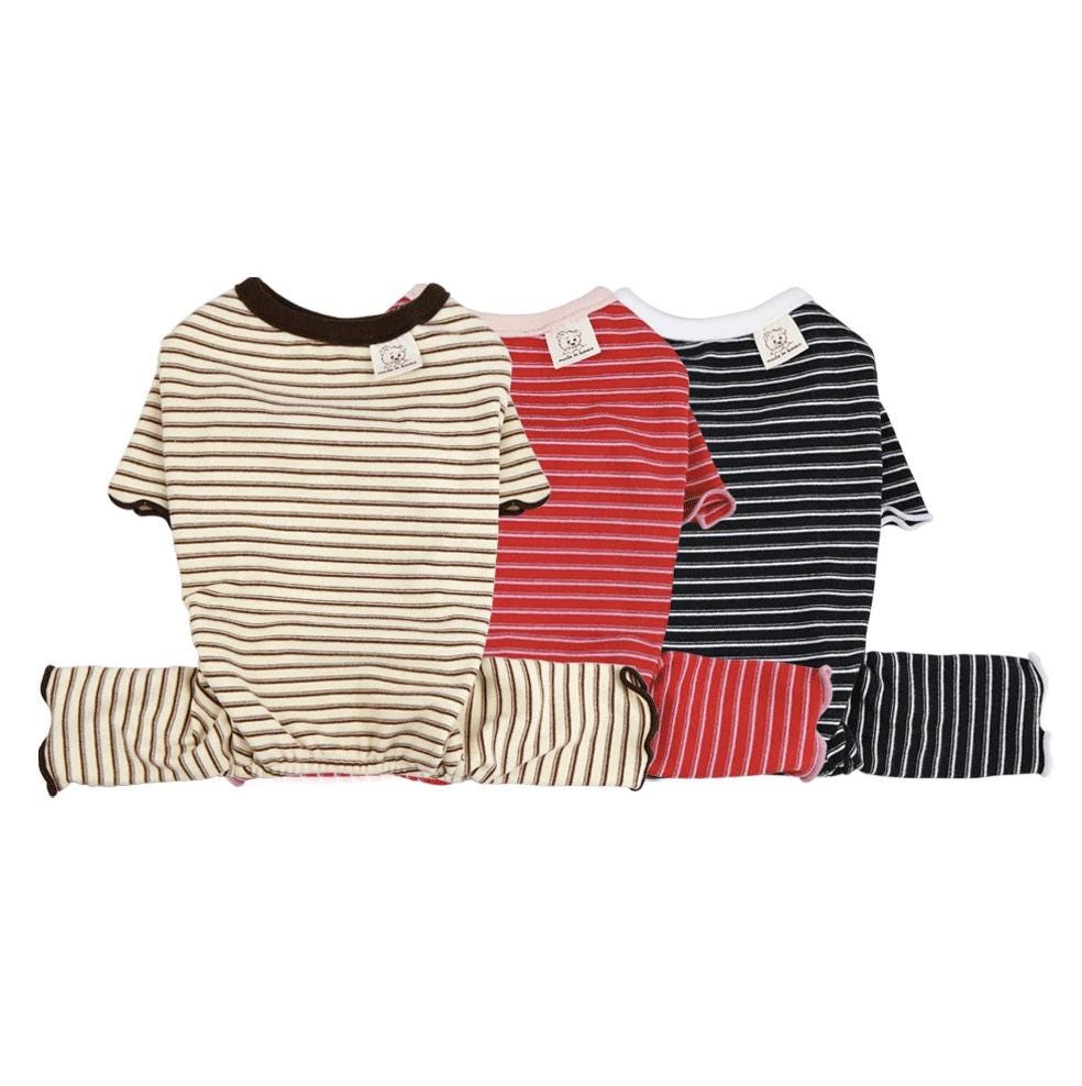 NKpup Everyday Striped Dog Overalls in beige, red, and navy blue